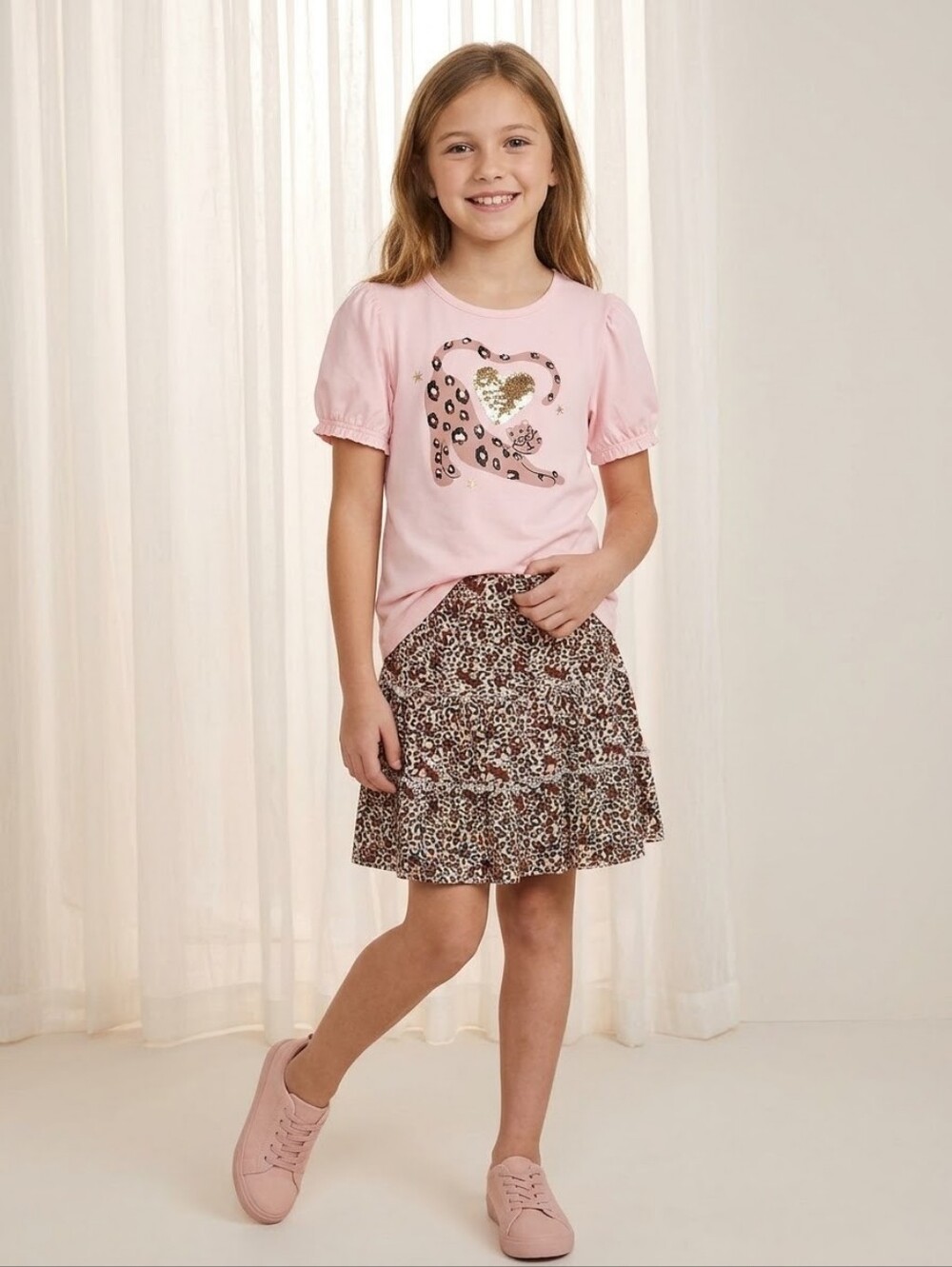 Bonnie Jean Girls Leopard Tiered Print Skirt w/Pink Shirt, Size 10,  NWT